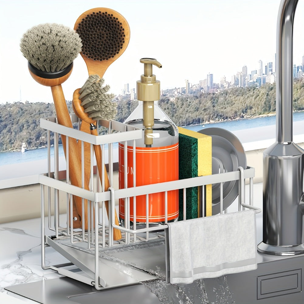 Black Sink Caddy with Drain Tray, Hanging Dishcloth Bar, Brush Holder and 23.5 cm Countertop Width