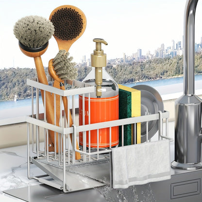 Black Sink Caddy with Drain Tray, Hanging Dishcloth Bar, Brush Holder and 23.5 cm Countertop Width