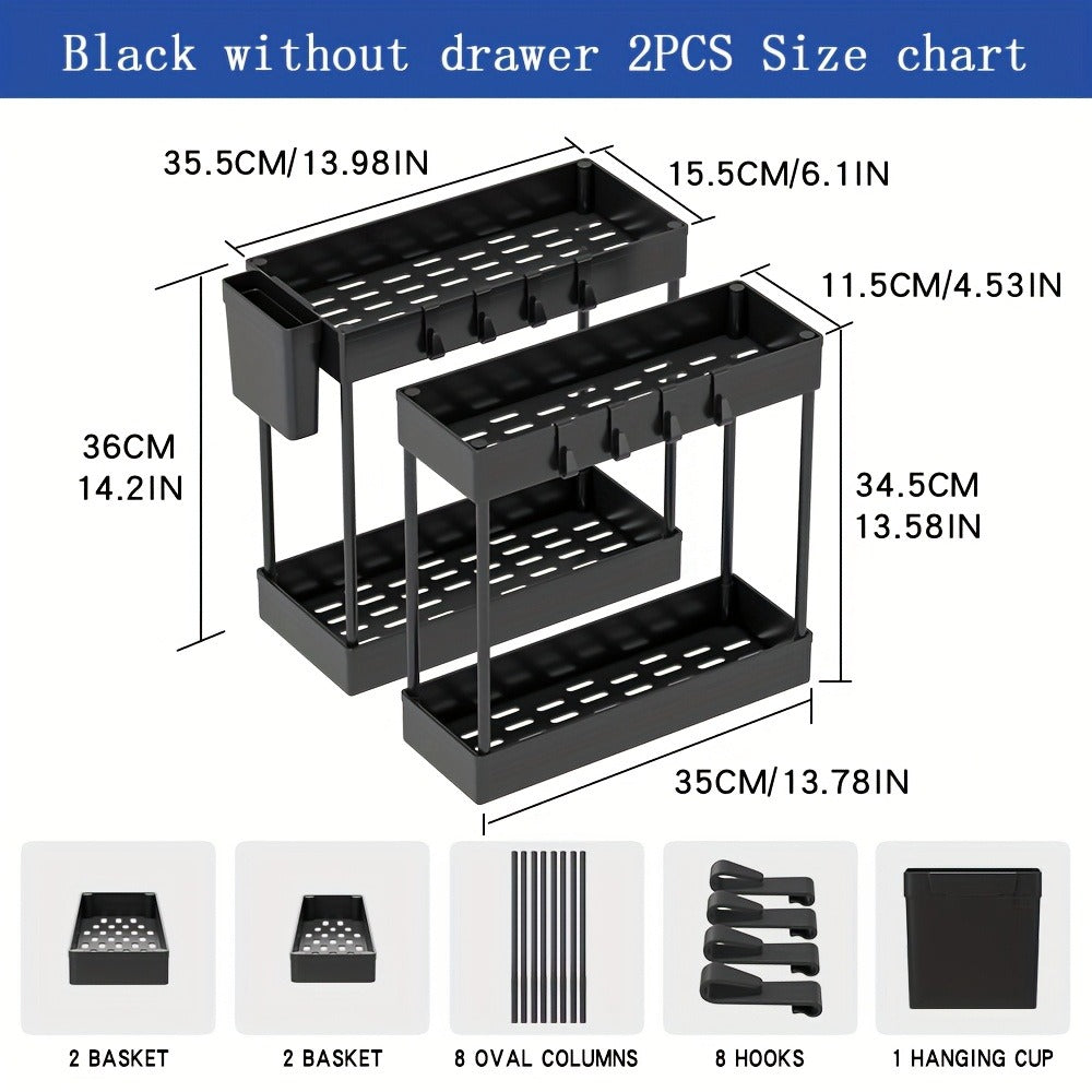 Under Sink Organizer 2pcs Double Tier Sliding Storage Basket with 8 Hooks – Kitchen Bathroom Cabinet Rack Shelf