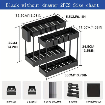 Under Sink Organizer 2pcs Double Tier Sliding Storage Basket with 8 Hooks – Kitchen Bathroom Cabinet Rack Shelf