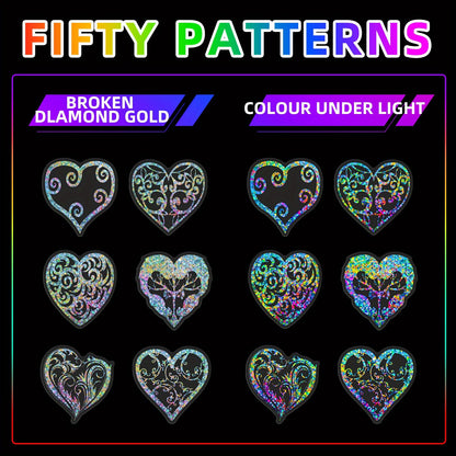 Holographic Heart Stickers 50pcs Laser Sparkling Love Decals for Laptop Phone Water Bottle Guitar Car Luggage