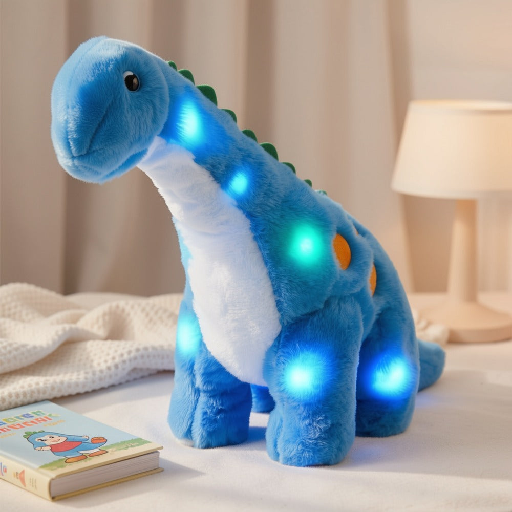 Plush Toy Blue Dinosaur with LED Glow and Optional Music for Colorful Interactive Display for Character Display, Room Decor and Gift