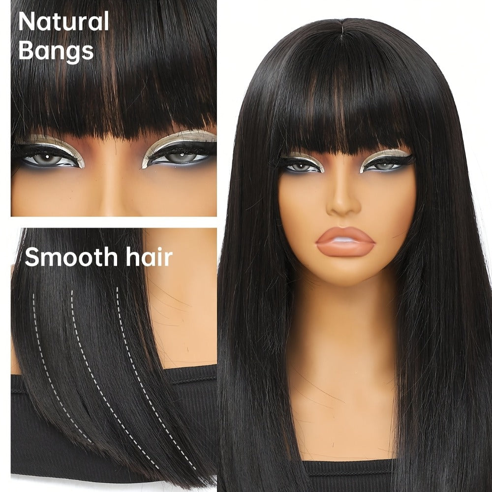 Straight Bob Wig with Bangs Heat Resistant Synthetic Hair 180% Density Blunt Cut Black Rose Net Cap Women Business Office Party Daily Wear 16 Inch