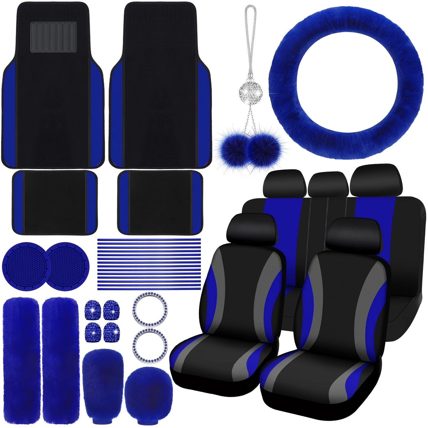Car Seat Covers Full Set for Women Fluffy Steering Wheel Cover Seat Belt Pads Floor Mats AC Vent Strips Universal Fit Front Rear Seat Protector Interior Accessories Set Pink Purple Red Blue