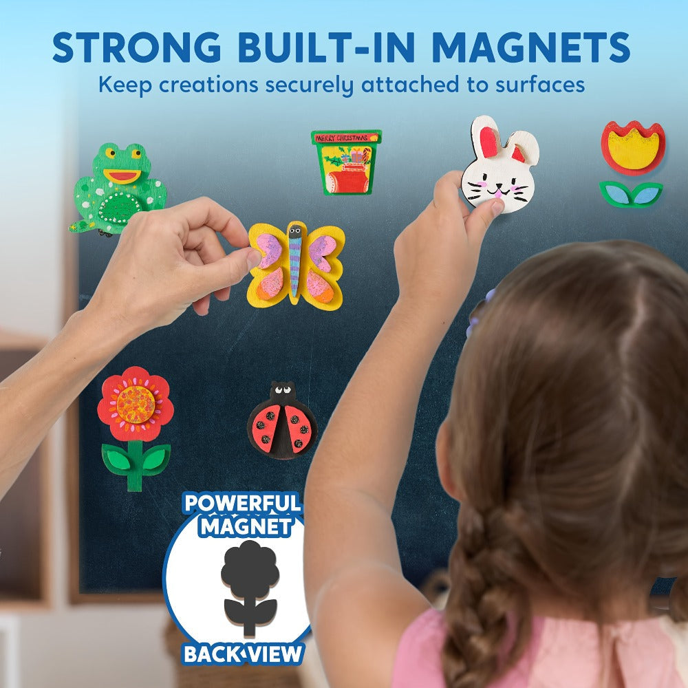 Wooden Magnet Painting Craft Kit, 12-Piece Nature Shape Set with Six Paint Tubs, Brushes and Glitter Pen