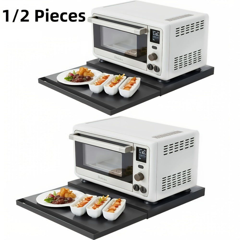 Pull-Out Microwave Stand with Metal Countertop Shelf, 15.4-24.4-Inch Extension and Black or White One- or Two-Piece Sets