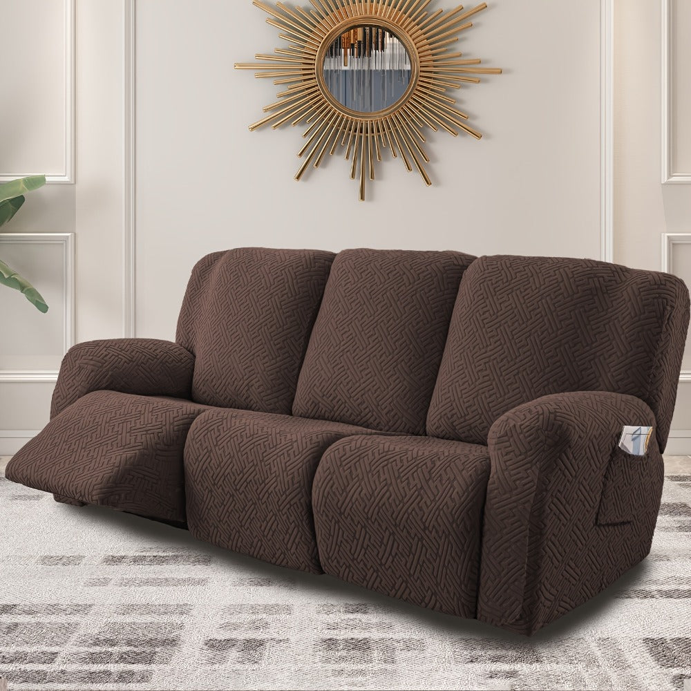 Slipcover Set, Eight-Piece Jacquard Stretch Cover for Three-Seat Recliner with Side Pocket in Nine Colors