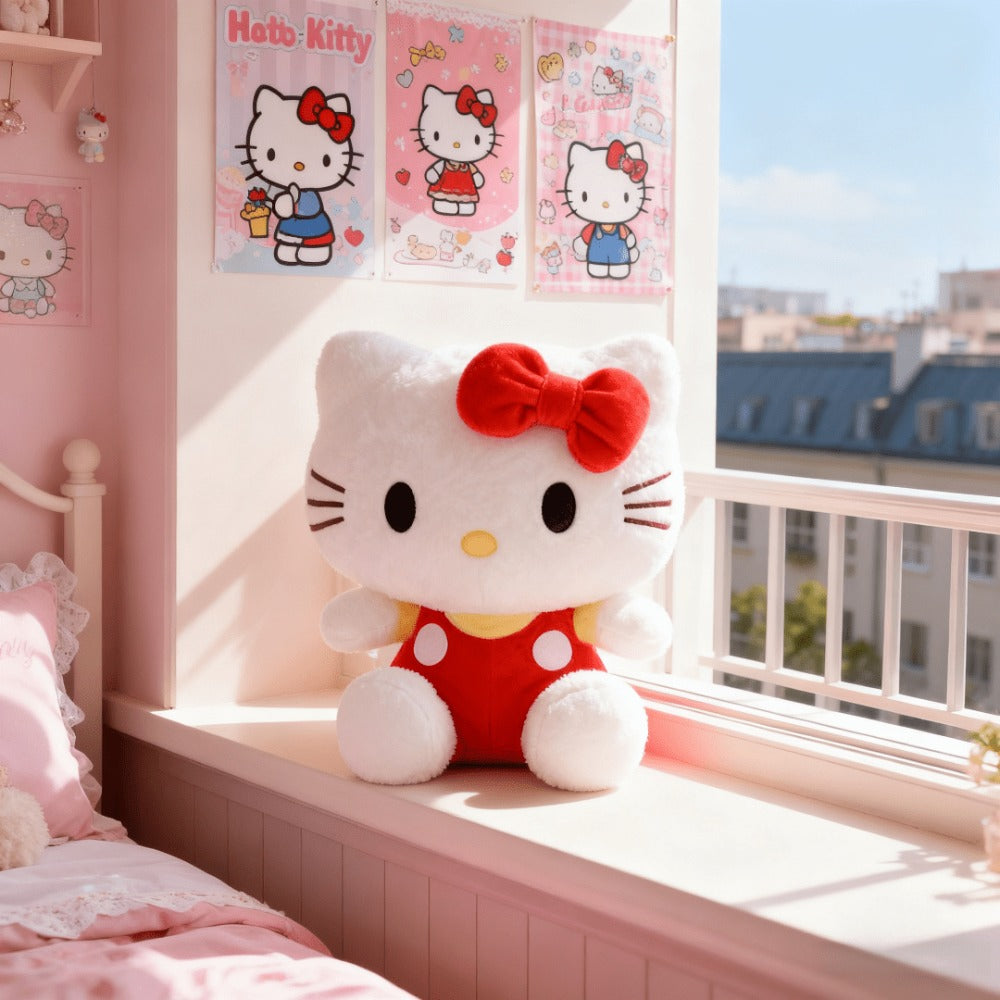 Plush Toy Bow-Wearing Cat Character Doll with Red, Pink or Blue Color Options and Soft Fabric