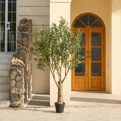 Potted Olive Artificial Tree with 5, 6, 7 and 8 ft Height Options, Black Planter and Branching Green Leaves