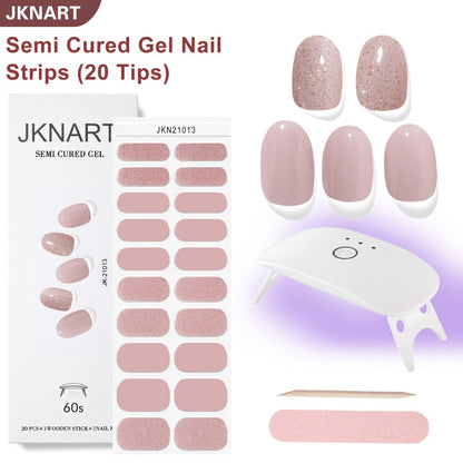 Semi-Cured Nail Sticker Kit with 20 Designs, Portable UV Lamp and Full-Coverage Nail Patches