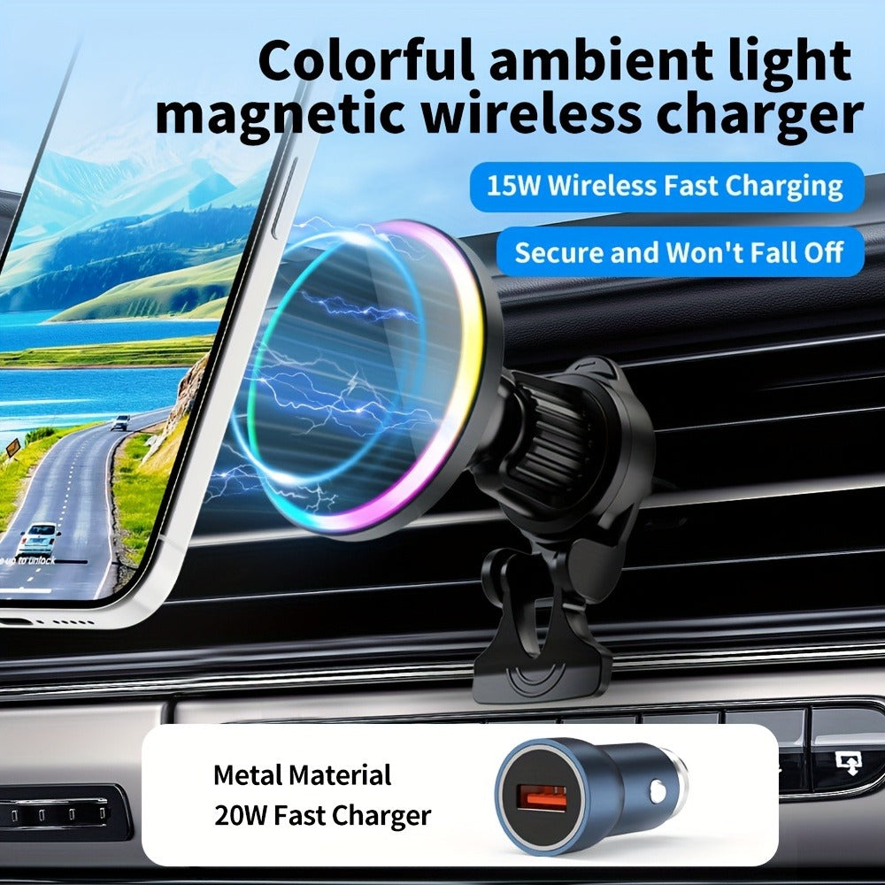 Wireless Car Charger with USB-C Adapter Included 15W Magnetic Vent Dashboard Phone Mount for iPhone 17 16 15 14 13 12 Pro Max, Samsung Galaxy S24 S23 S22, All Qi Android Phones – Black