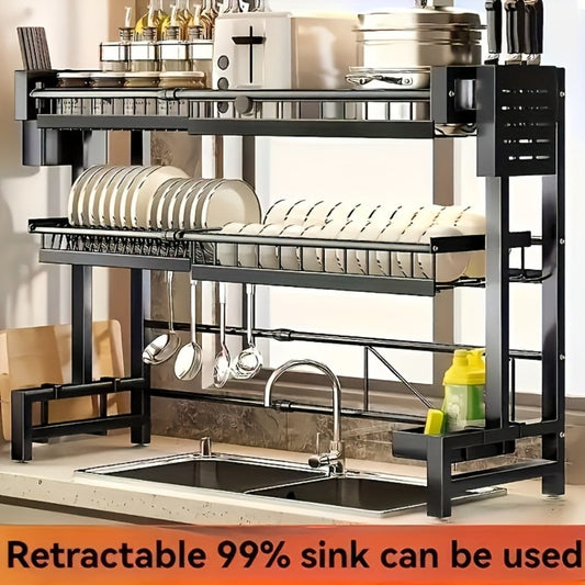 Over-Sink Dish Drying Rack Kitchen Organizer, 30-33.9-Inch Two-Tier Frame with Seven Removable Accessories