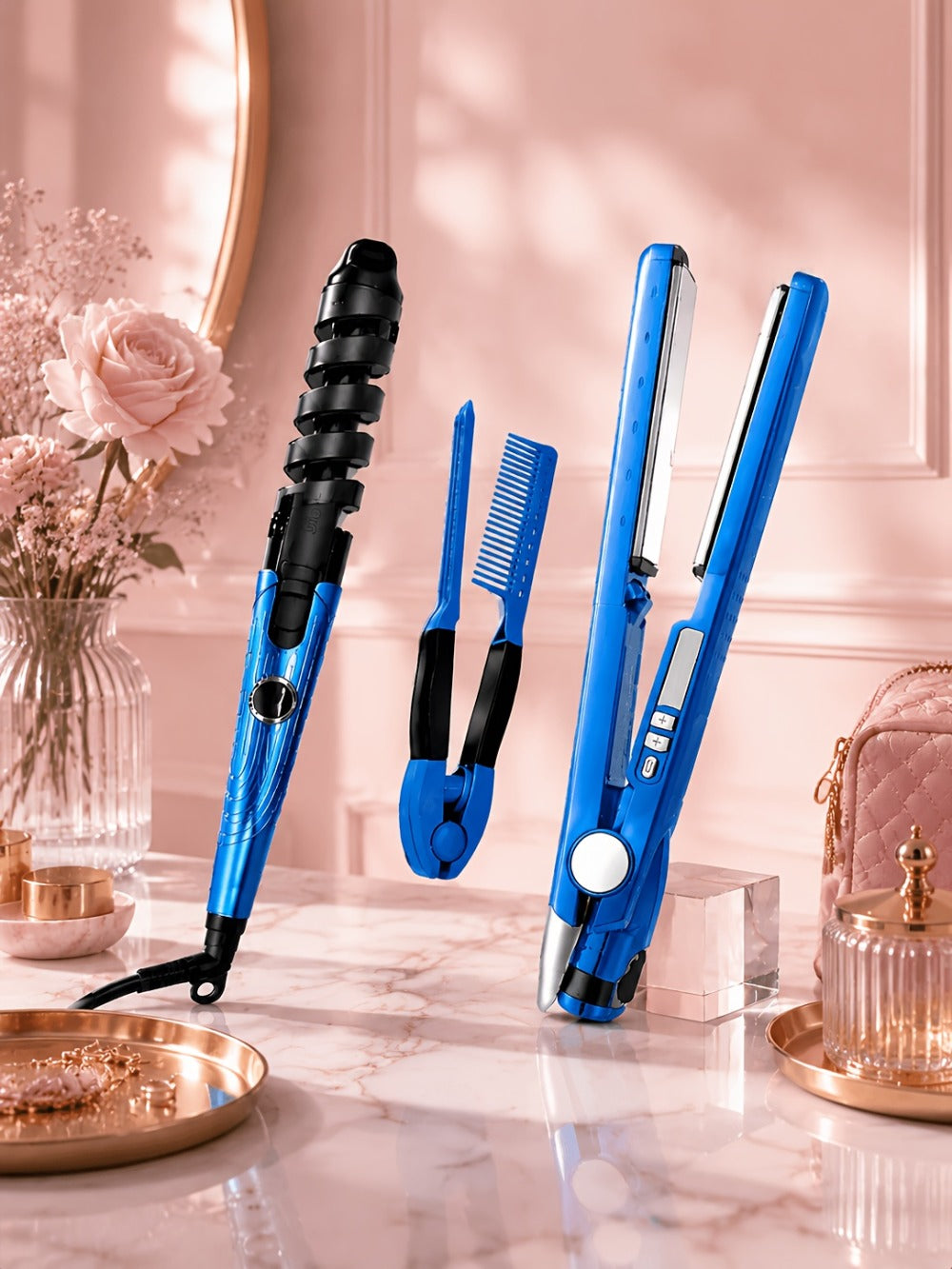 Flat Iron, Curling Iron and Comb Hair Styling Tool Set with Three Pieces in Blue for Home Styling