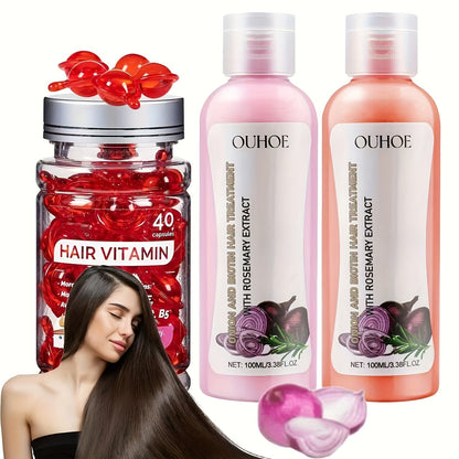 Three-Piece OUIHOE Hair Care Set with Shampoo, Conditioner and Coordinated Capsule Product Pack