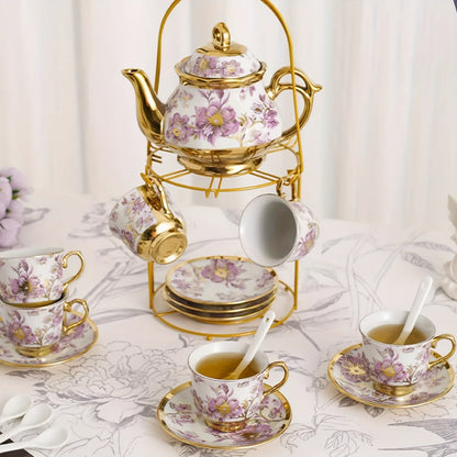 Twenty-Piece Floral Ceramic Tea Set with 15-Ounce Teapot, Six Cups, Saucers, Spoons and Metal Rack