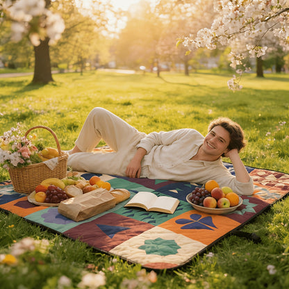Large Padded Picnic Blanket with Carry Straps in Geometric, Palm-Village or Tropical Leaf Prints