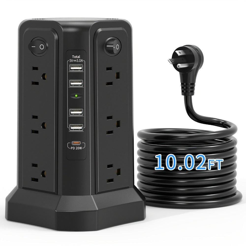 Surge Protector Power Strip Tower 17-in-1 with 12 AC Outlets, 4 USB-A, USB-C PD 18W and Four Group Switches