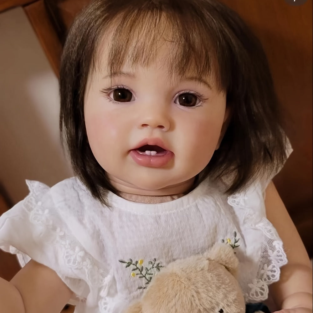 Reborn Baby Doll 24-Inch Cloth Body with Vinyl Limbs, Rooted Brown Hair, Open Eyes, Outfit and Feeding Accessories