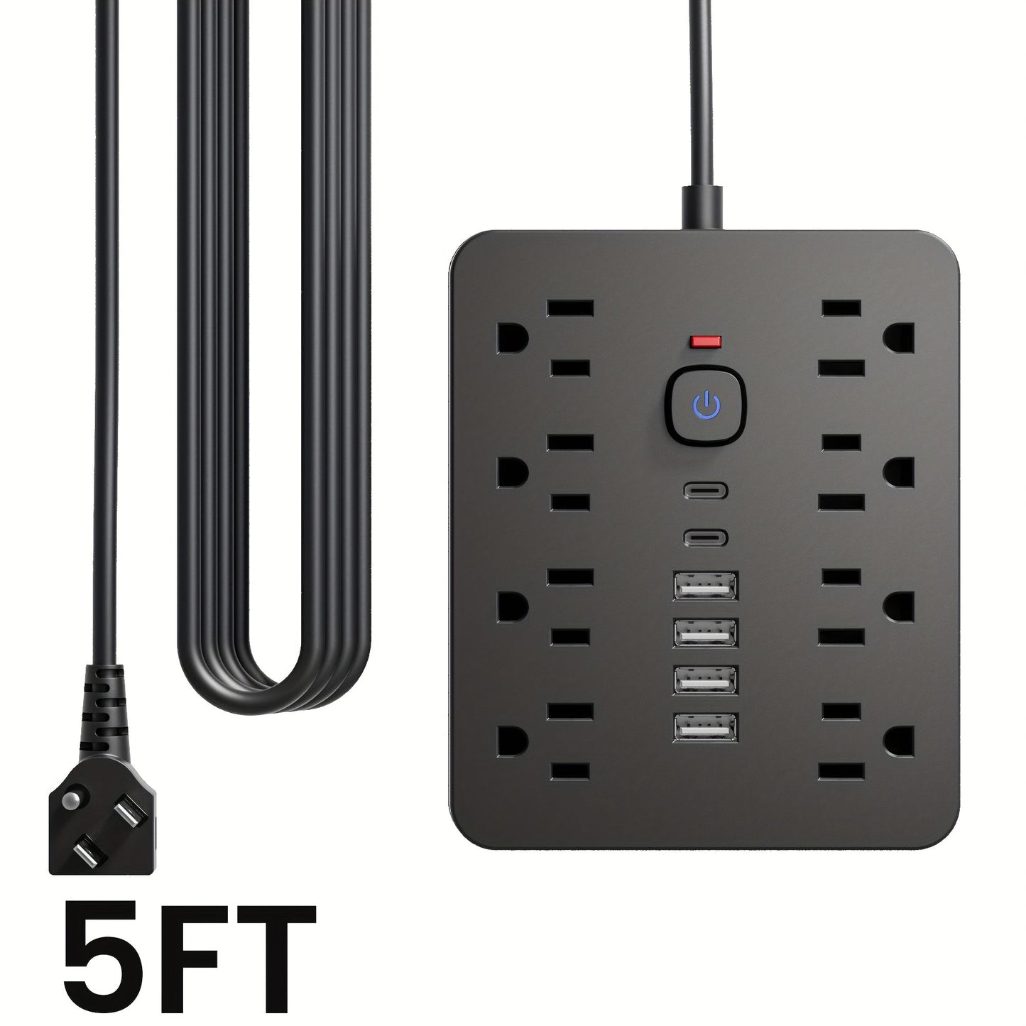 Power Strip Flat-Plug Wall-Mount 14-in-1 with 8 AC Outlets, 4 USB-A, 2 USB-C and 5- or 10-Foot Cord