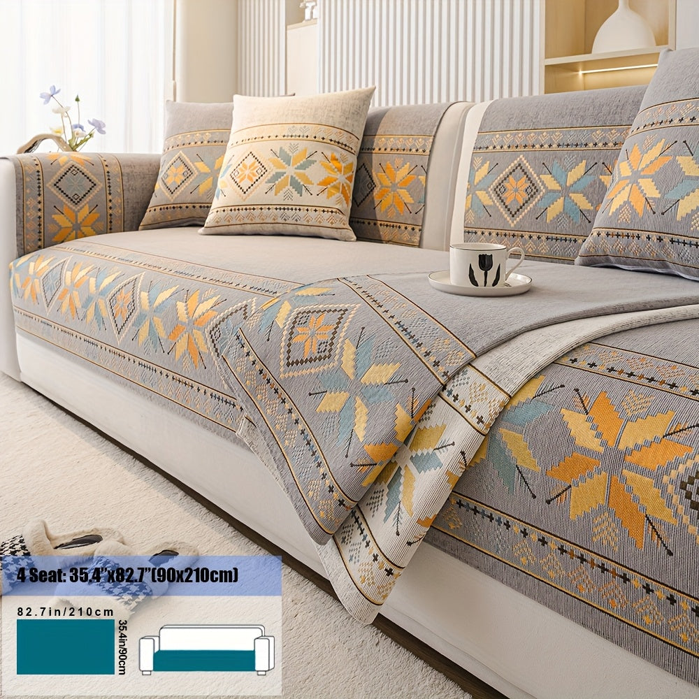 Sofa Cover, Chenille Bohemian-Style Couch Pad in Three Colors with Armrest and One-to-Four-Seat Sizes
