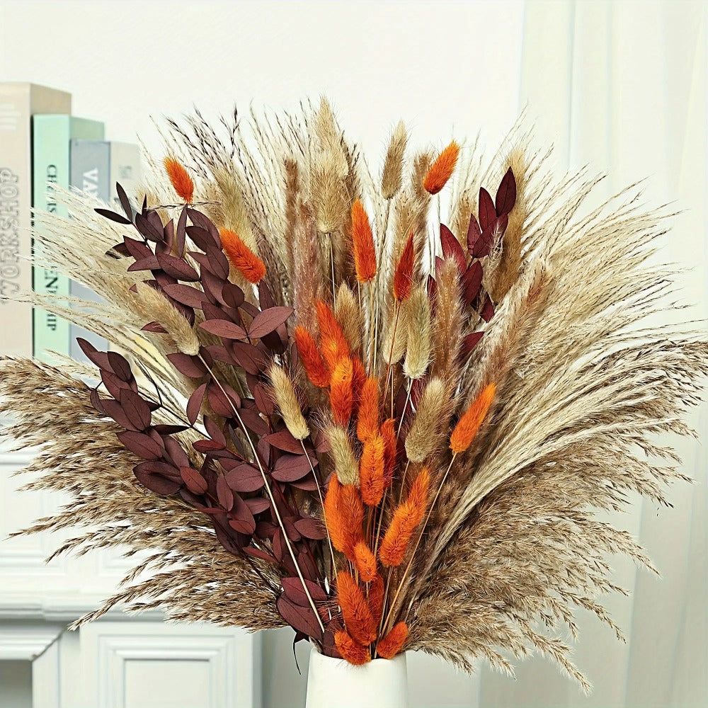 Artificial Pampas-Style Bouquet, 72-Piece 17-Inch Autumn Mix with Feathery, Reed and Leaf Stems