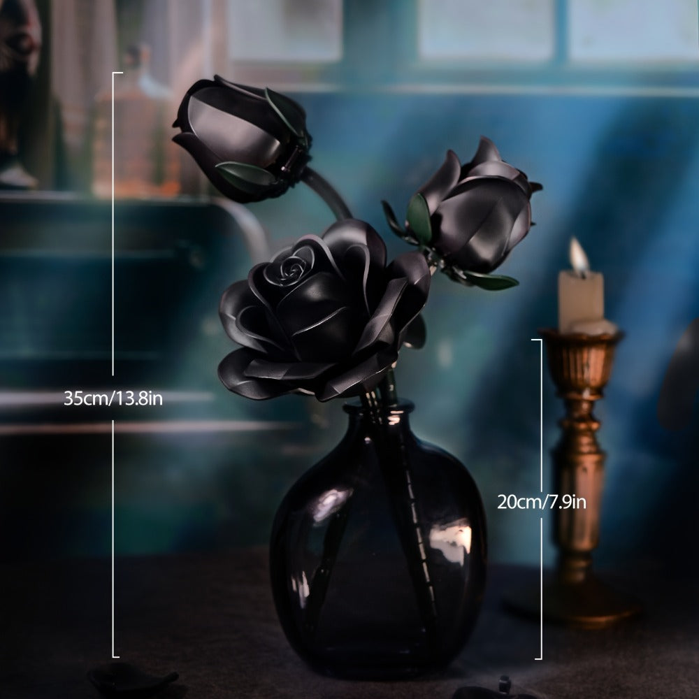 Building Block Set Black Rose Bouquet, 152-Piece Three-Flower Model with Adjustable Stems and Leaves for Display