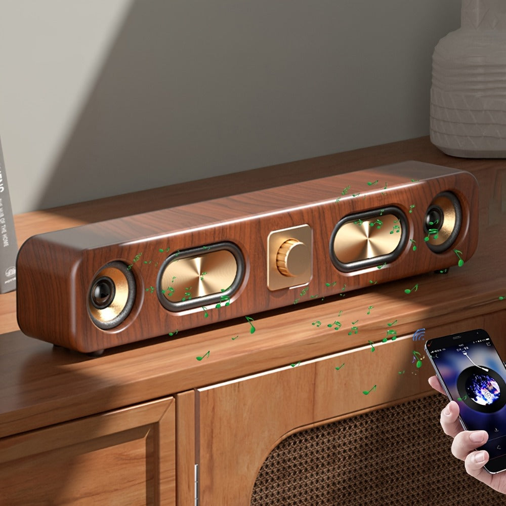 Retro Wood Grain Bluetooth Speaker Dual 2-Inch Woofers 10W Wireless Desktop Soundbar TF AUX USB Hands-Free Calling 2400mAh for PC Laptop Tablet Smartphone