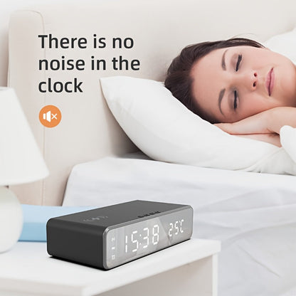 Wireless Charging Alarm Clock with Black or Silver-Tone Housing, Digital Time Display and Top Charging Surface