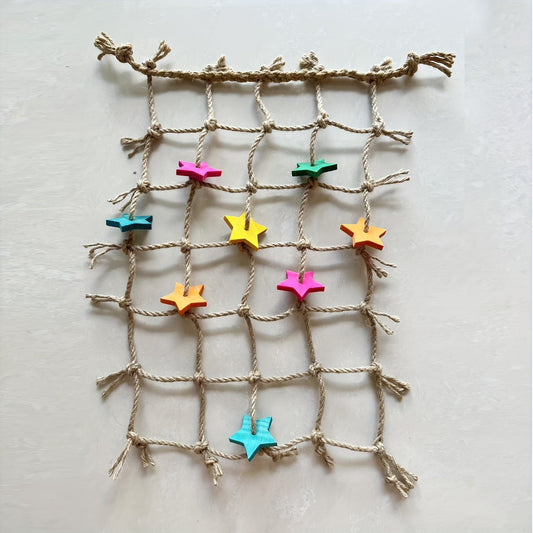 Bird Climbing Net for Parrots Hemp Rope Play Gym with Star Shape Chewable Toys Foraging Ladder Perch for Parakeets Cockatiels Conures Budgies