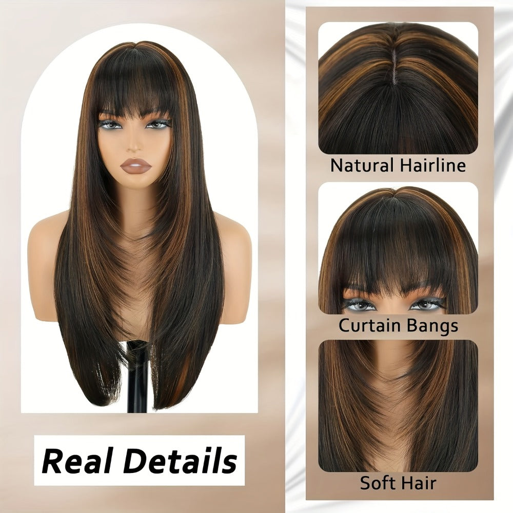 Long Straight Synthetic Lace-Front Wig with Curtain Bangs and Five 26-Inch Solid or Gradient Color Options