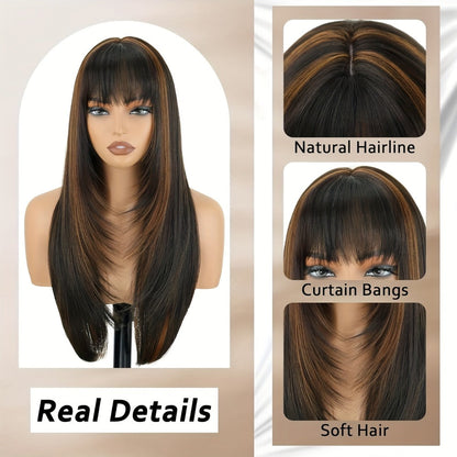 Long Straight Synthetic Lace-Front Wig with Curtain Bangs and Five 26-Inch Solid or Gradient Color Options