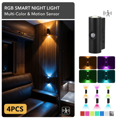 Motion Sensor Wall Lights 4-Pack – Rechargeable Magnetic Dual-Head LED Night Light, RGB & Tri-Color, Wireless for RV, Bedroom, Stairs, Cabinet & Closet