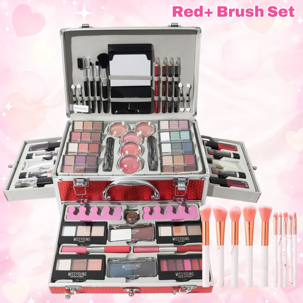 106-Piece Makeup Case Set with Red or Silver Carry Case, Fold-Out Color Palettes, Lip Products and Ten Makeup Brushes