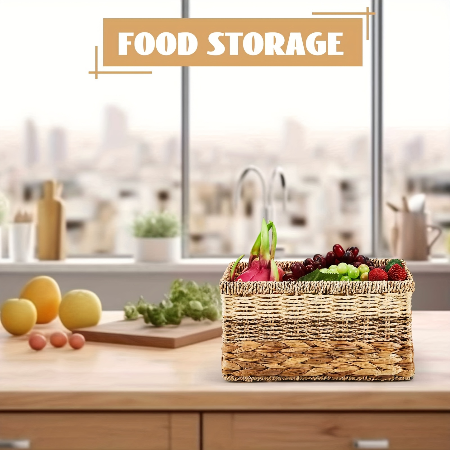 Water Hyacinth Wicker Storage Baskets Set of 4 with Handles, 12 x 8 x 6.3-Inch Shelf Organizers