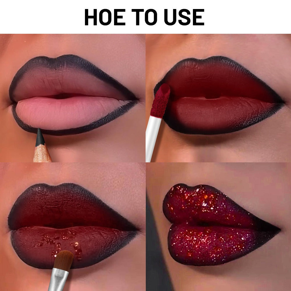 Metallic Glitter Lip Kit 4-Piece – Sparkling Lip Liner, High-Shine Lip Gloss, Chunky Glitter & Lip Brush Combo for Party, Festival, Rave & Holiday Makeup, Gift for Women