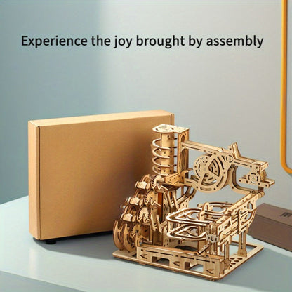 Wooden Marble Track Model Kit with Dual-Linkage A or B Builds, Laser-Cut Panels, Gears and Ball Rails