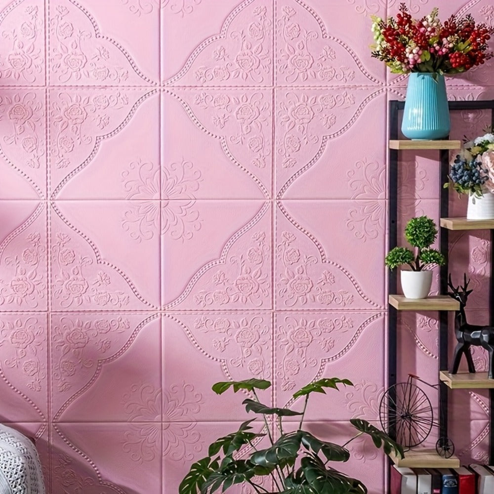 Fifty-Piece Embossed Floral-Curve Wall Tile Sticker Set with 35 cm Square Panels in Four Colors