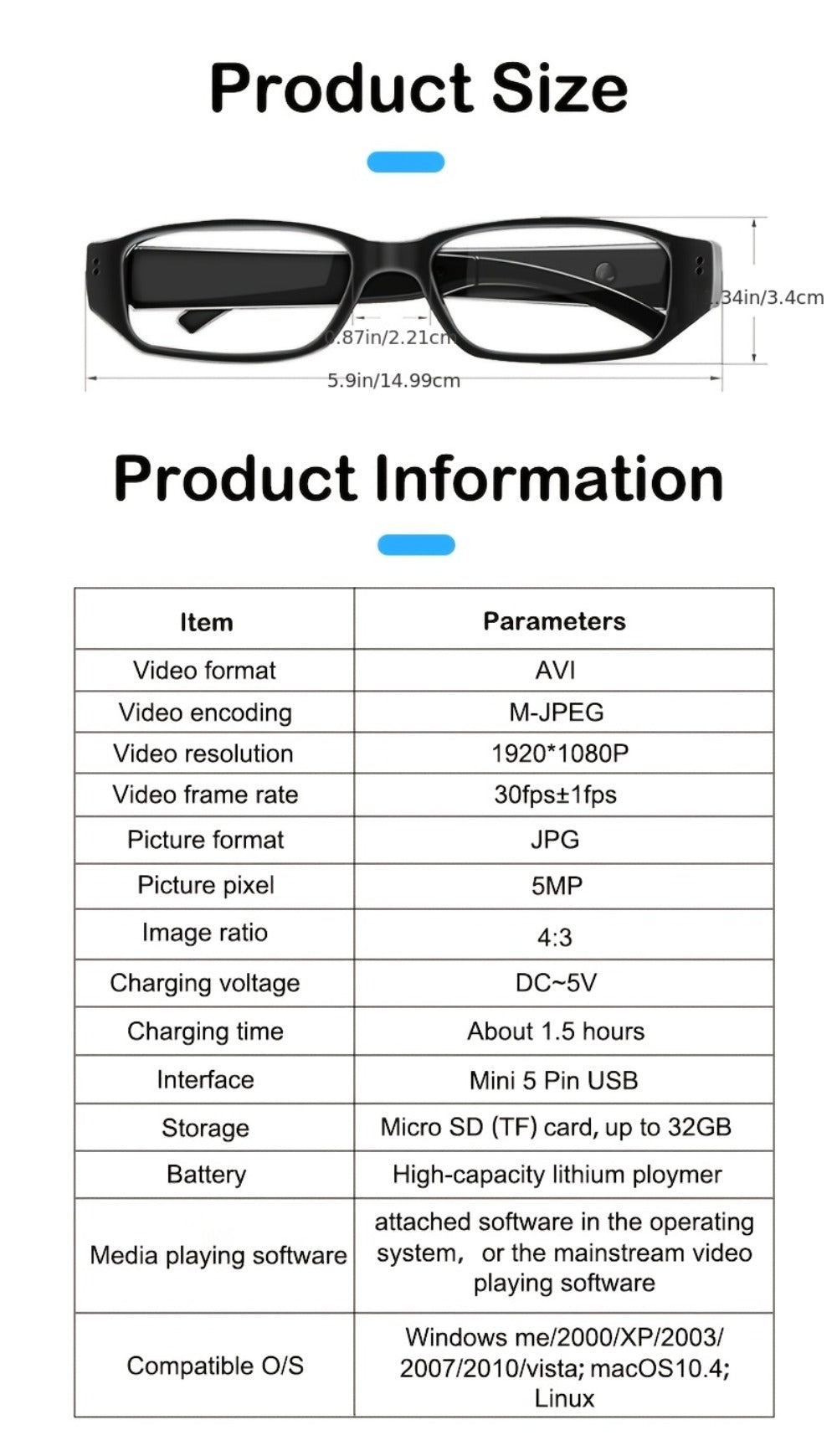 1080P HD Camera Glasses with Motion Detection – Video Recorder Camcorder Eyeglasses for Sports, Driving, Fishing & Outdoor Activities | Eye Protection Frame, USB Charging, Lightweight Durable Design
