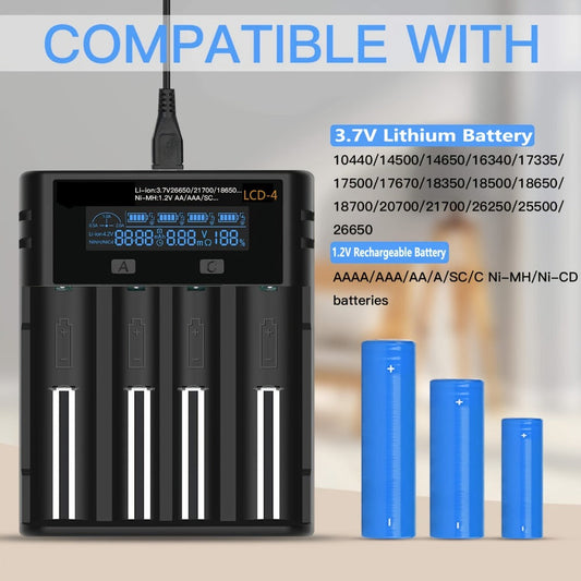 18650 Battery Charger with LCD Display, Universal Smart Charger for 3.7V & 1.2V Rechargeable Batteries – Compatible with 26650, 18650, 18490, 18350, 17670, 17500, 16340, 14500, RCR123A Sizes