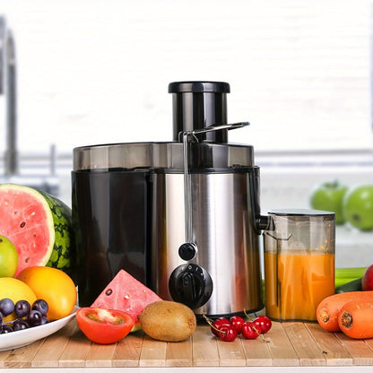 Black-and-Silver Centrifugal Juicer with Rear Pulp Bin, Juice Cup and 8cm-Labeled Feed Opening
