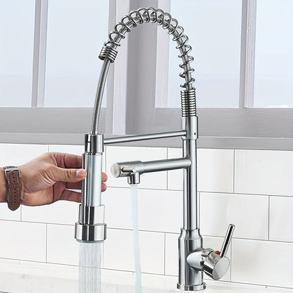 Single-Hole Pull-Down Kitchen Faucet with Spring Spout, 360° Swivel Sprayer and Three Finish Options