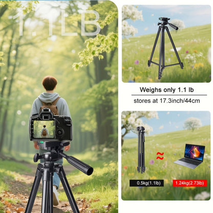 50-Inch Aluminum Camera Tripod with Pan-and-Tilt Head, Quick-Release Plate, Phone Clip and Carrying Bag in Black