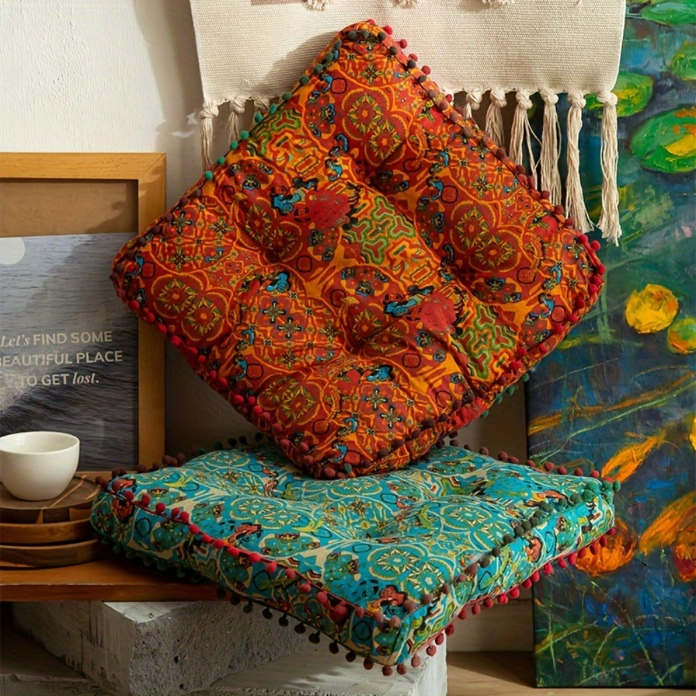 Moroccan Boho Chair Cushion Seat Pad with Cover Fiberfill Stuffed Bohemian Floor Cushion for Outdoor Indoor Chairs Benches Living Room Bedroom Hand Washable Decor