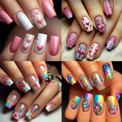 Almond Press On Nails 96 Pieces 4 Packs Sparkling Hearts Glitter Full Cover False Nails for Women Girls – Jelly Adhesive Tabs & Nail File Included | Valentine's Day Romantic Nail Art Kit
