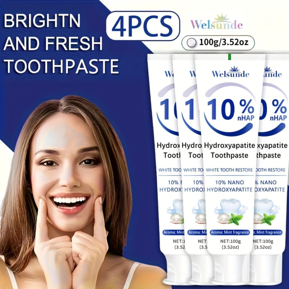 Four-Pack 100g Spearmint Toothpaste Tubes with 10% Hydroxyapatite Label and 400g Total Quantity