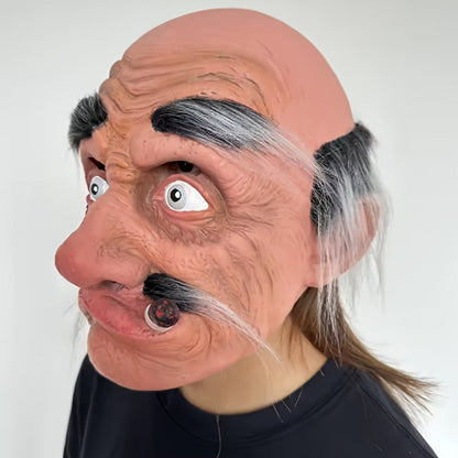 Bald Old-Man Full-Head Costume Mask with Gray Brows, Mustache, Side Hair and Faux Cigar for Adult Halloween Parties