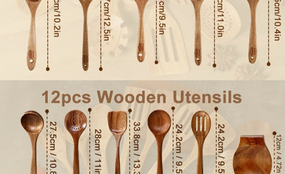Wooden Spoons for Cooking 10 Pcs – Teak Wood Kitchen Utensils Set, Non-Stick Safe Spatulas & Spoon Cooking Tools