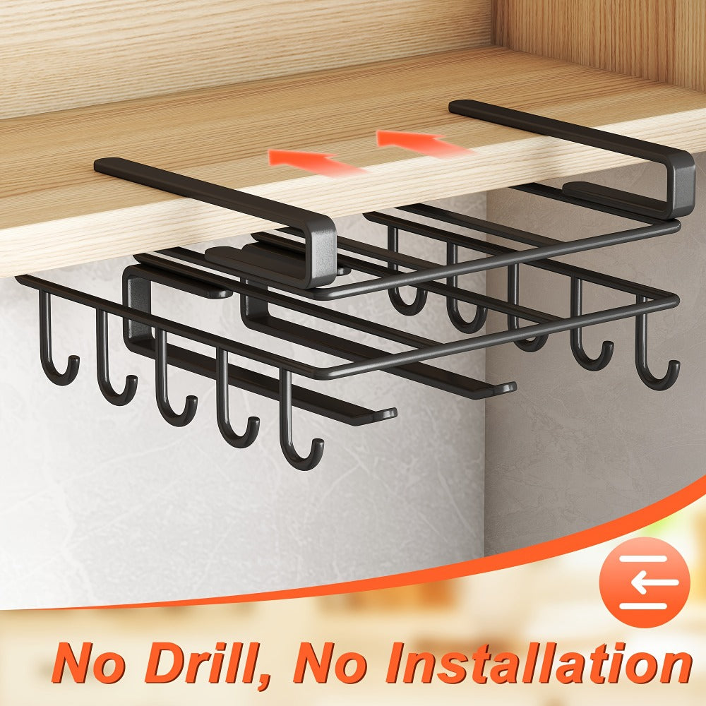 Under Cabinet Organizer Rack with Hooks – Heavy Duty Carbon Steel Kitchen Shelf for Utensils, Towels, Cups & Cutting Boards – No-Drill Door-Mount Space-Saving Kitchen Storage