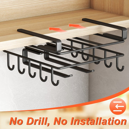Under Cabinet Organizer Rack with Hooks – Heavy Duty Carbon Steel Kitchen Shelf for Utensils, Towels, Cups & Cutting Boards – No-Drill Door-Mount Space-Saving Kitchen Storage