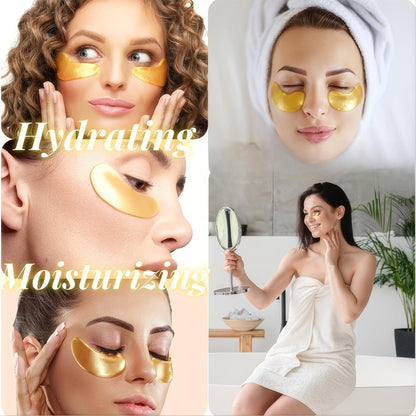 24-Pair Gold-Tone Under-Eye Patch Box with Individual Pouches and Collagen, Glycerin and Hyaluronic Acid Wording